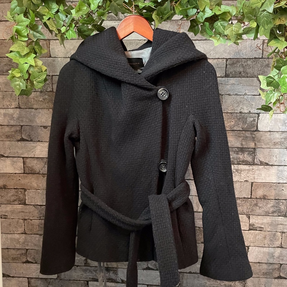 BCBGMAXAZRIA S Black Wool Coat With Large Hood